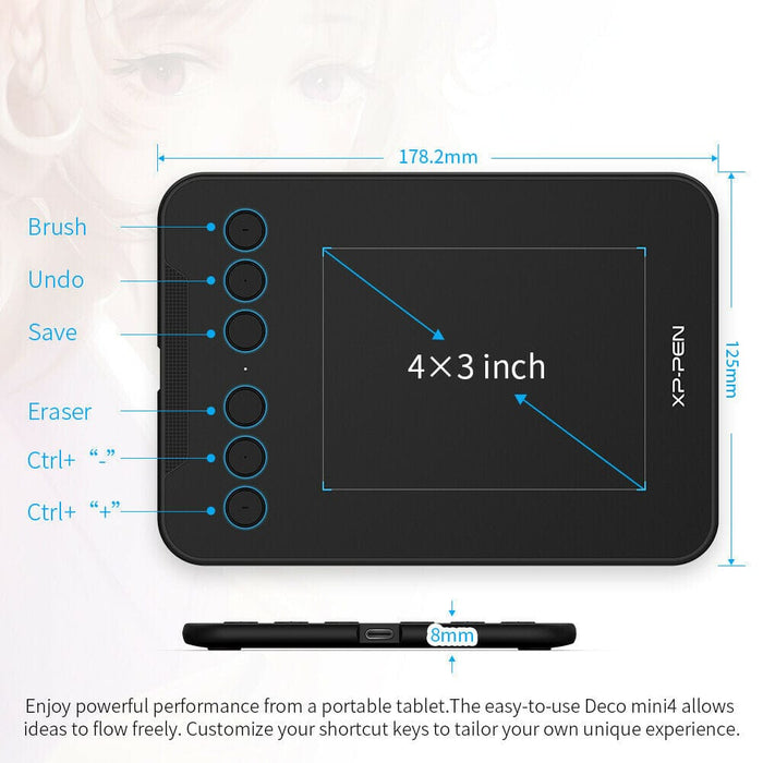 XP-PEN Deco mini4 Graphics Tablet Battery-Free Stylus Drawing Pen 8192 Pressure