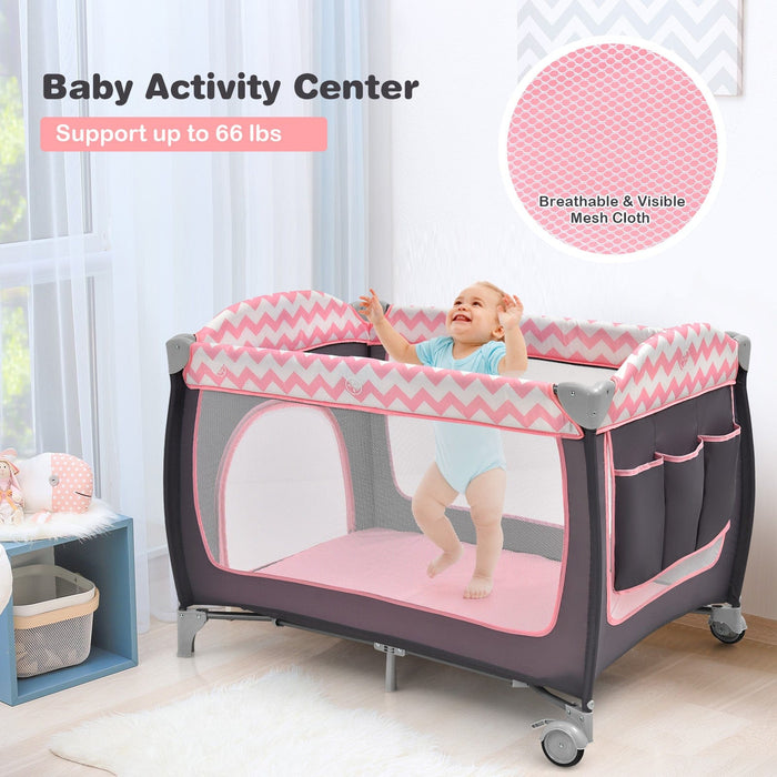 Babyjoy 3 in 1 Baby Playard Portable Infant Nursery Center w/ Zippered Door Pink