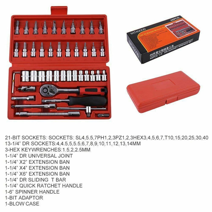 46pcs 1/4 Ratchet Wrench Combination Package Socket Tool Set Auto Car Repairing