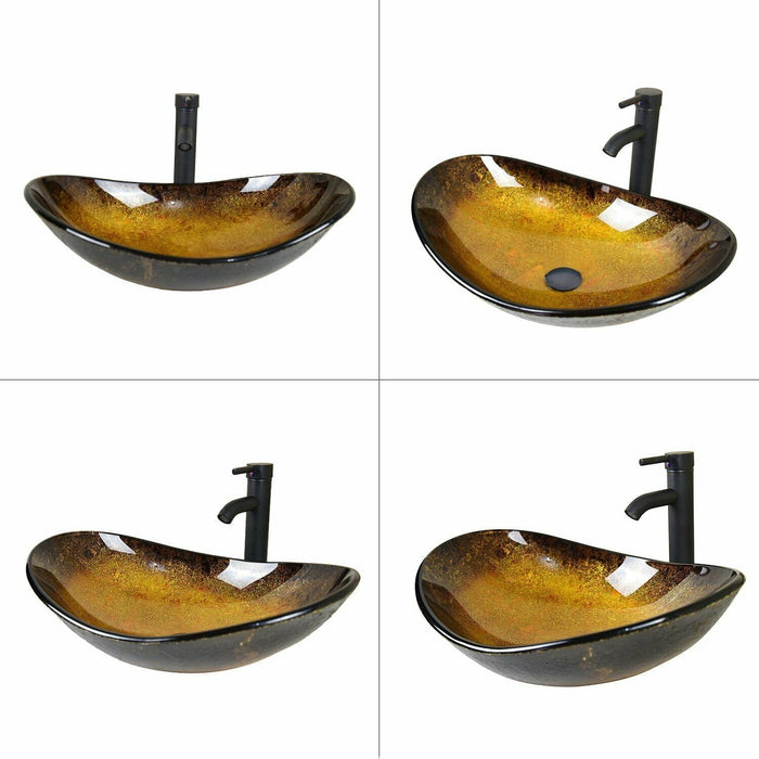 Bathroom Sink Tempered Glass Vessel Sink Basin Combo Faucet Pop-up Drain Oval