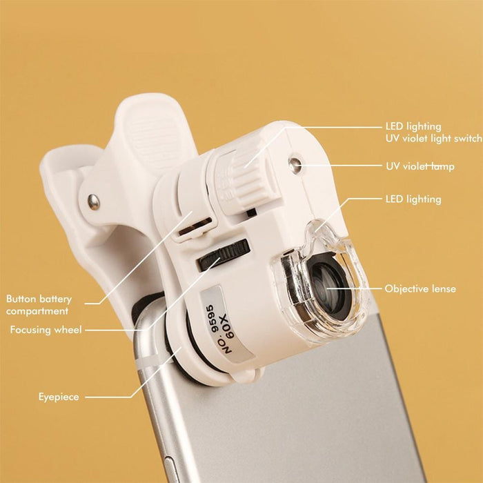 Magnifying Glass Focus Adjusted Pocket Universal Clip Microscope 60X LED Jewelry