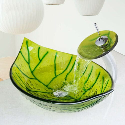 Green Leaf Tempered Glass Bathroom Basin Vessel Sinks Waterfall Mixer Faucet