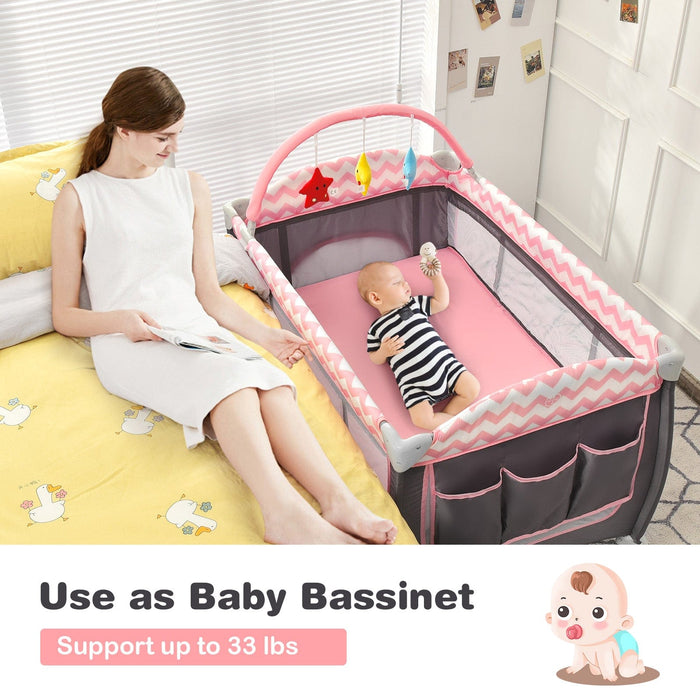 Babyjoy 3 in 1 Baby Playard Portable Infant Nursery Center w/ Zippered Door Pink