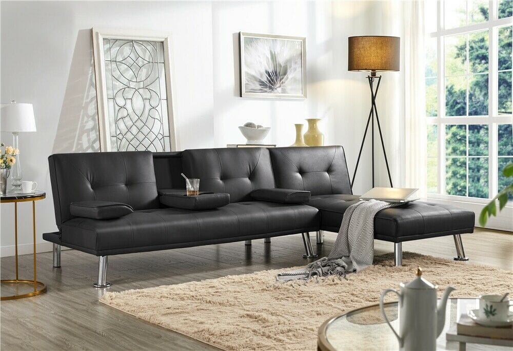 Sleeper Sofa Couch Convertible Sofa Bed Fold Living Room Futon PU Leather Black