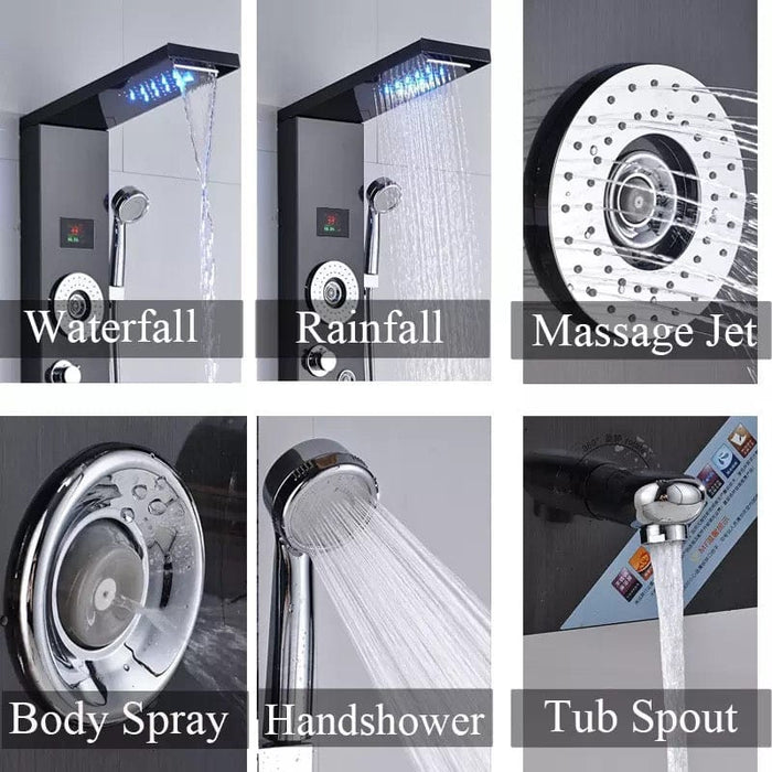 Shower Panel Tower Massage System  LED Rain Waterfall Sprayer Brushed