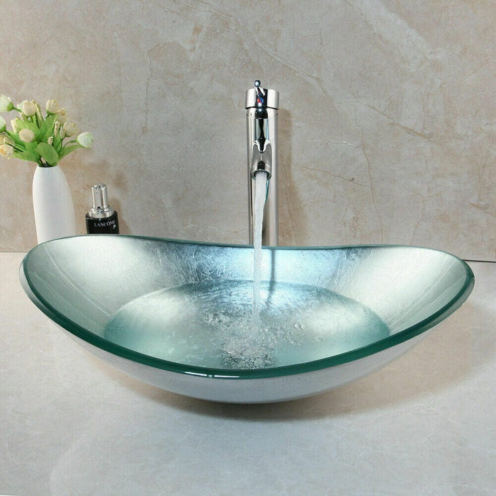 Oval Tempered Glass Bathroom Wash Basin Vessel Sink Mixer Chrome Faucet Set
