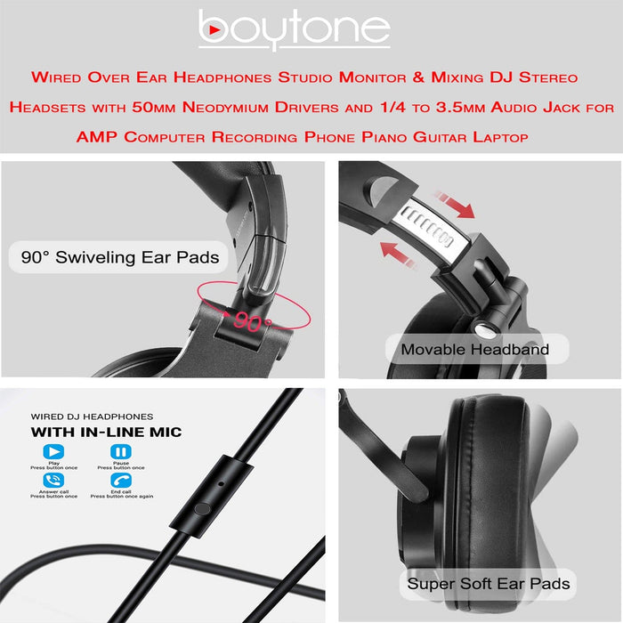 Boytone BT-10RD Wired Over Ear Headphones Studio Monitor & Mixing DJ Stereo