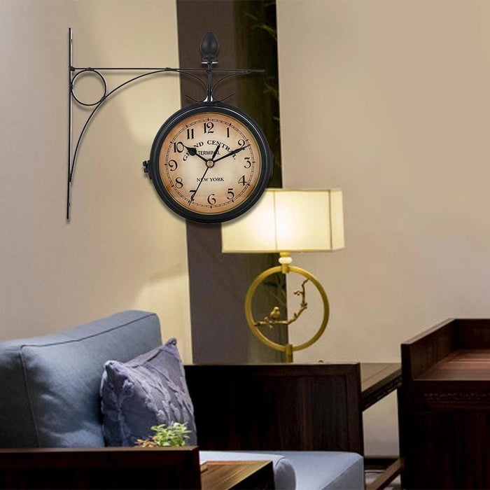 Double Sided Hanging Clock Iron Station Retro Bracket Mounted Battery Powered