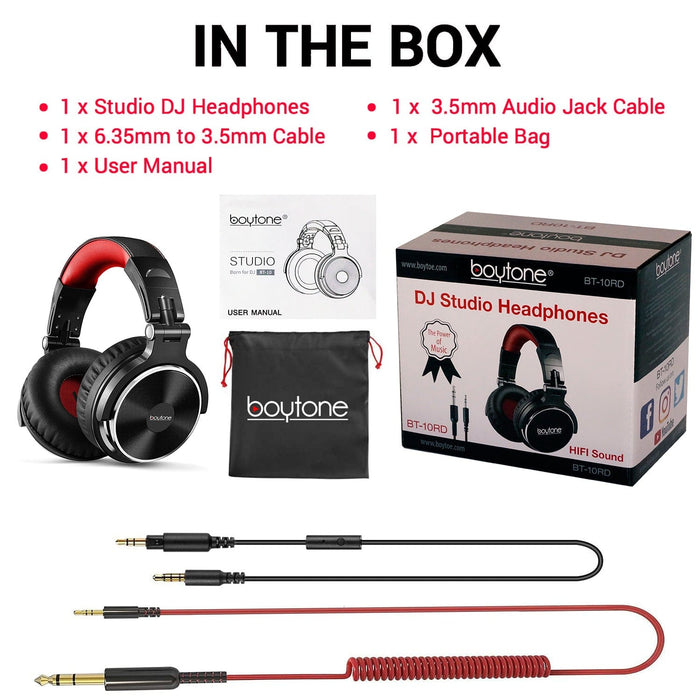 Boytone BT-10RD Wired Over Ear Headphones Studio Monitor & Mixing DJ Stereo