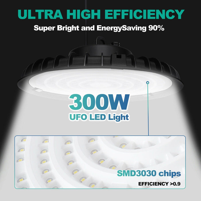 300W UFO LED High Bay Light Shop Work GYM Warehouse Industrial Lighting 6000K