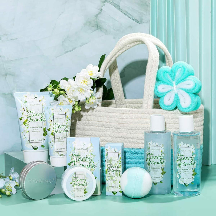 Jasmine Scented Spa Gift Basket for Women, 11pcs Bath & Body Set for Her