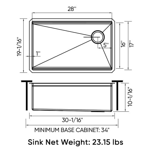 Sinber 30" Undermount 16 Gauge Single Bowl Stainless Steel Kitchen Sink