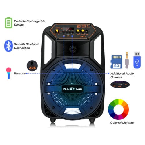8" Portable Party Bluetooth Speaker Heavy Bass Sound LED Light USB Rechargeable