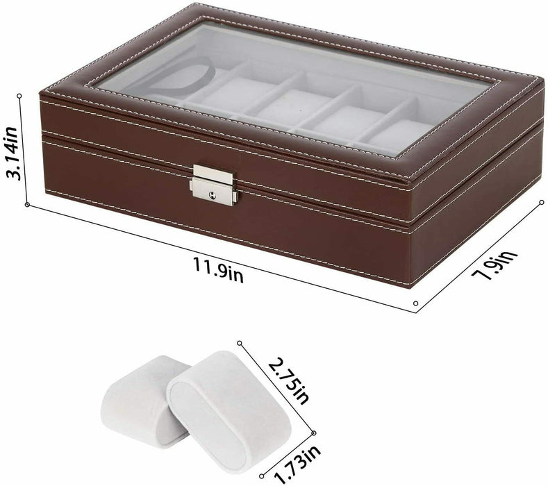 12 Slots PU Leather Watch Box Display Case Watch Storage Organizer Glass Top