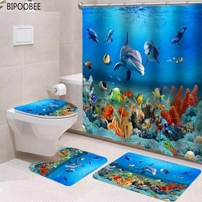 4pcs Sea Dolphins Shower Curtain Bathroom Rug Set Bath Toilet Cover Mat Non-Slip