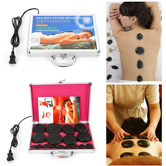 16PC Portable Hot Volcanic Heating Stone Kit Rock SPA Oiled Massage Machine Box