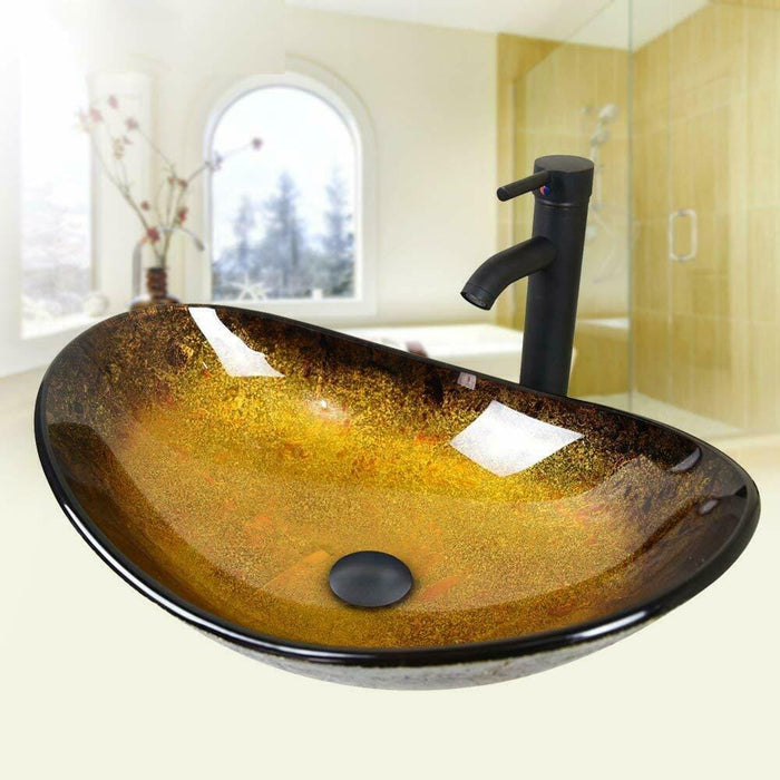 Bathroom Sink Tempered Glass Vessel Sink Basin Combo Faucet Pop-up Drain Oval