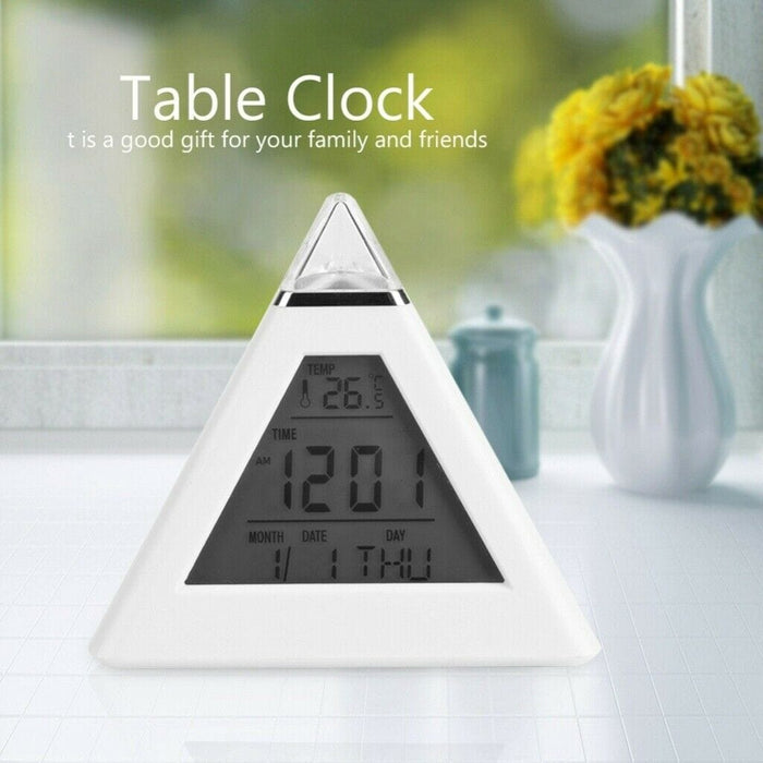 LED Color Changing Clock Digital LCD Pyramid Alarm Clock Thermometer Calendar