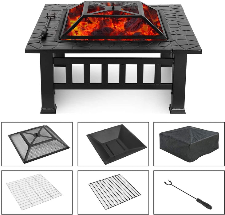 32" Square Metal Fire Pit Stove Firepit Brazier  Outdoor Patio Garden Backyard