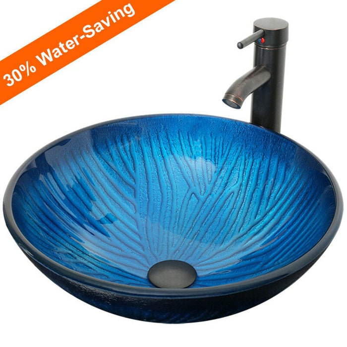 16.5" Blue Bathroom Tempered Glass Vessel Sink Faucet Oil rubbed Bronze W/ Drain