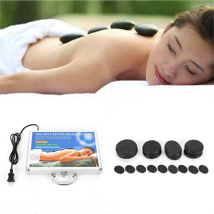 16PC Portable Hot Volcanic Heating Stone Kit Rock SPA Oiled Massage Machine Box