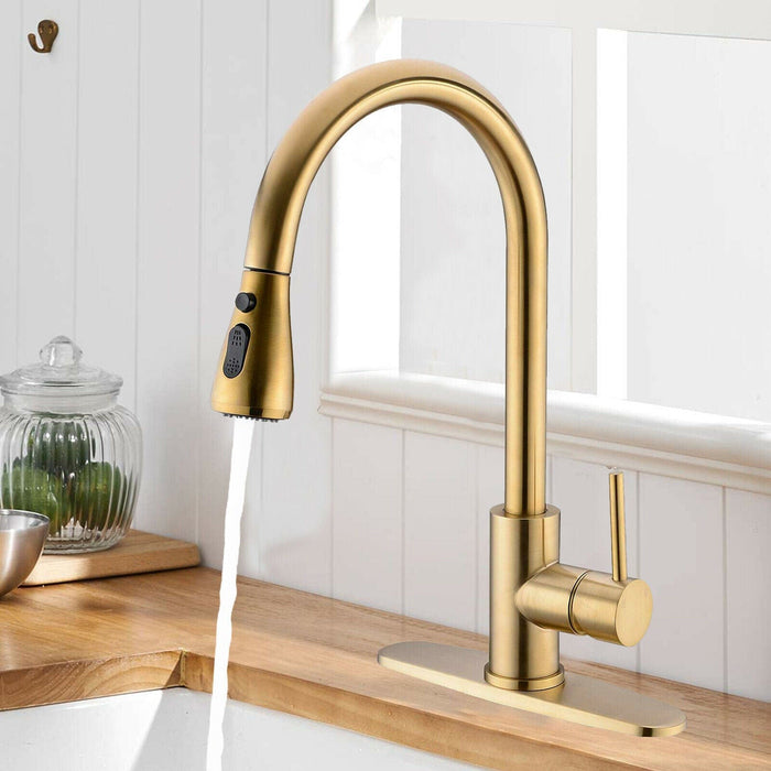 Brushed Gold Kitchen Sink Faucet Pull Down Sprayer Swivel Single Handle Mixer