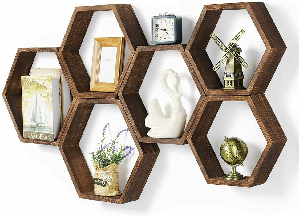 Set of 6 Hexagon Floating Shelves Farmhouse Honeycomb Wood Wall Storage Shelf