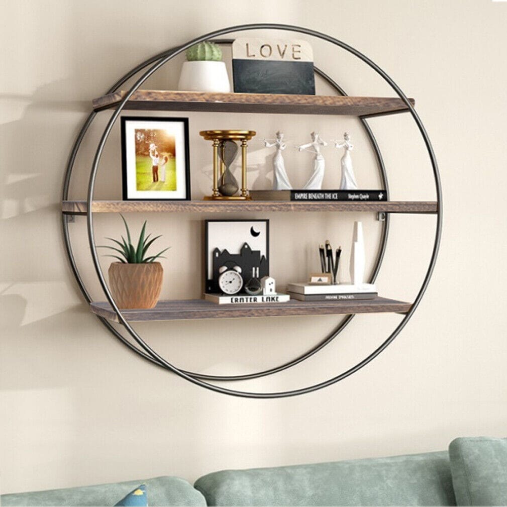 Large Round Shelving Unit Rustic Wood Wall Mounted Display Organizer S ...