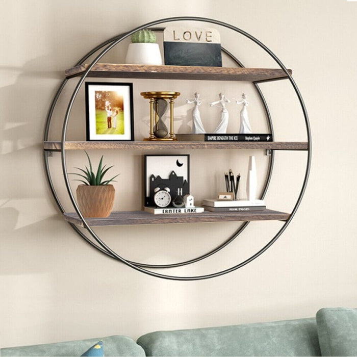 Large Round Shelving Unit Rustic Wood Wall Mounted Display Organizer Shelf Rack