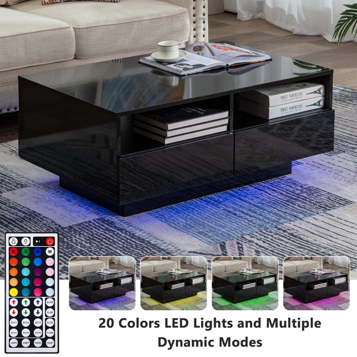 LED Modern Coffee Table High Golss End Table Side Table with Large 4 Drawers