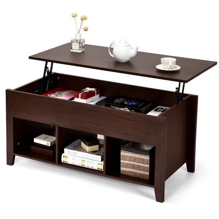 Living Room Lift Top Coffee Table w/Hidden Compartment & Storage Shelf Brown