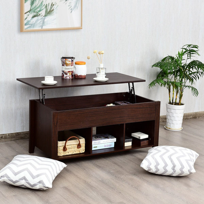 Living Room Lift Top Coffee Table w/Hidden Compartment & Storage Shelf Brown