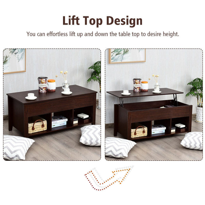 Living Room Lift Top Coffee Table w/Hidden Compartment & Storage Shelf Brown