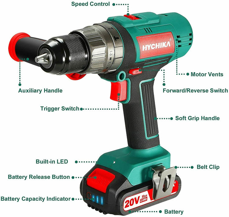 HYCHIKA Powerful Drill Cordless Drill 20V Max Auxiliary Handle 1*2.0AH Battery
