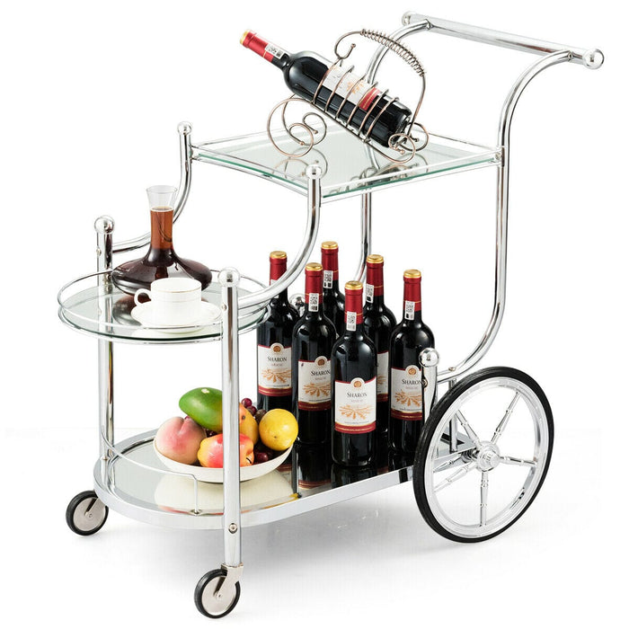 Serving Cart Kitchen Bar Wine Tea Cart Glass Shelves & Metal Frame with Wheels