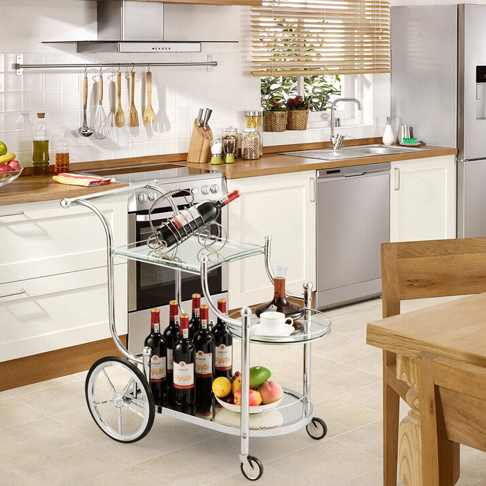 Serving Cart Kitchen Bar Wine Tea Cart Glass Shelves & Metal Frame with Wheels