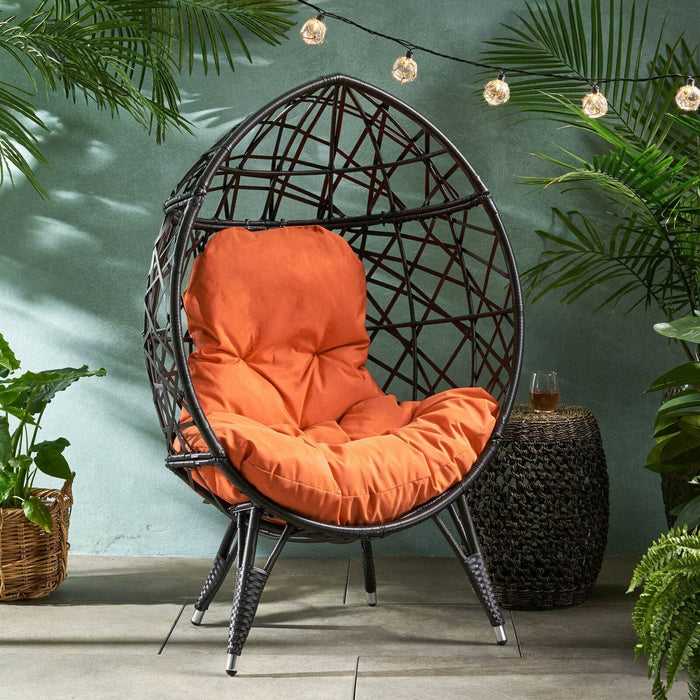 GDF Studio Doris Wicker Teardrop Chair with Cushion - Brown/Orange