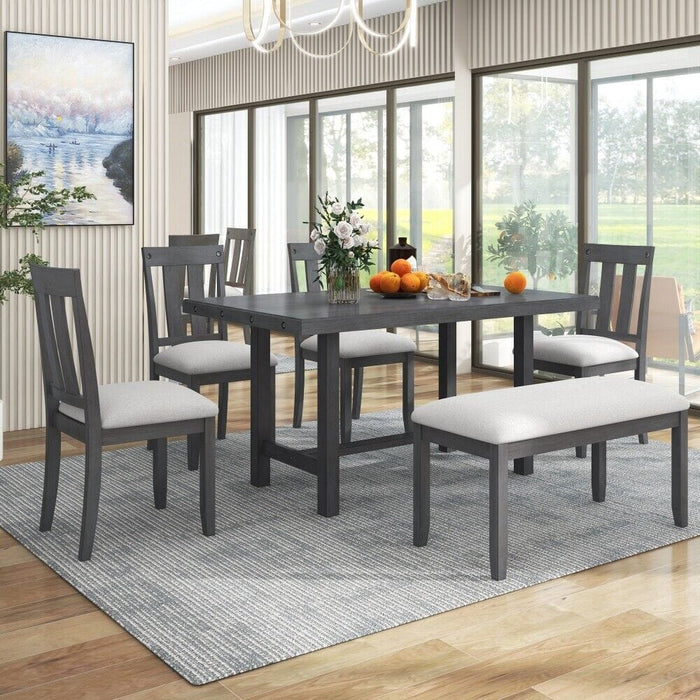 6-Piece Wooden Rustic Style Dining Set Table With 4 Chairs and Bench