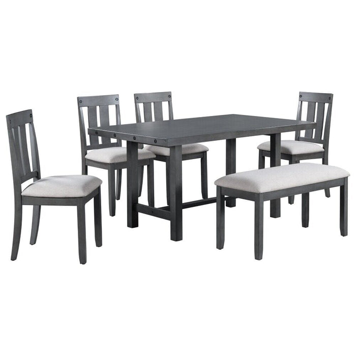 6-Piece Wooden Rustic Style Dining Set Table With 4 Chairs and Bench