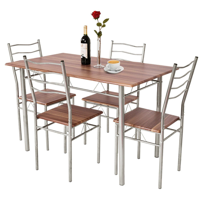 Costway HW55389NA Wood l Dining Table Set with 4 Chairs - Walnut