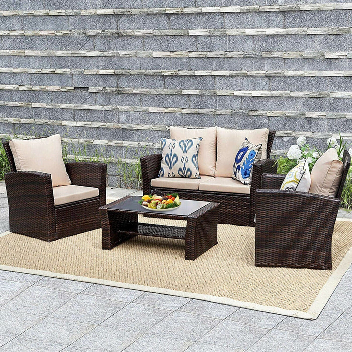 4 Pieces Outdoor Patio Furniture Sets Sectional Sofa Rattan Chair Wicker Set