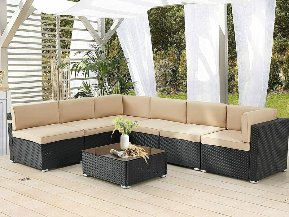 AECOJOY 7pcs Patio Rattan Sofa Set Outdoor Wicker Sectional Furniture w/ Table