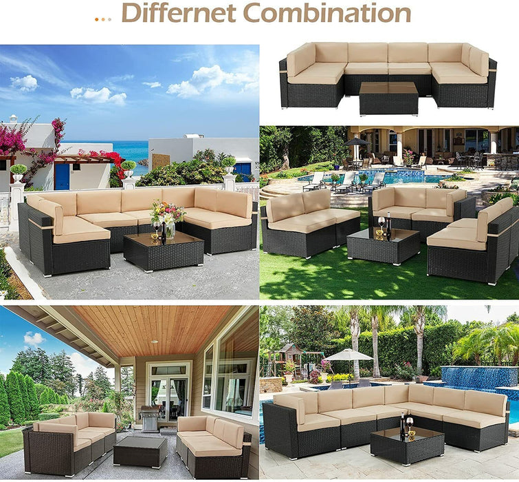 AECOJOY 7pcs Patio Rattan Sofa Set Outdoor Wicker Sectional Furniture w/ Table