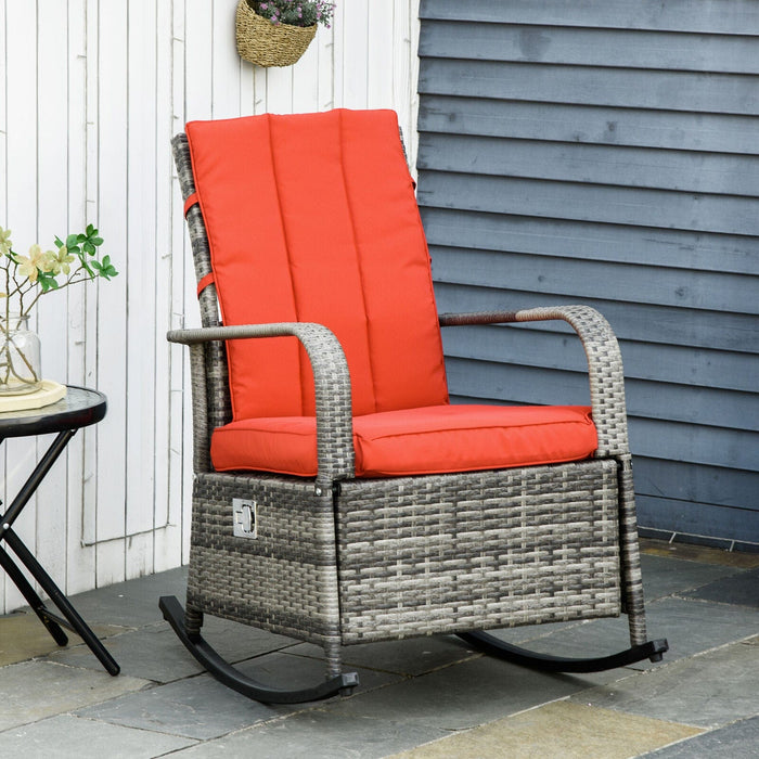 Reclining Rocking Chair, Outdoor PE Wicker Porch Rocker, Cushion, Patio, Red