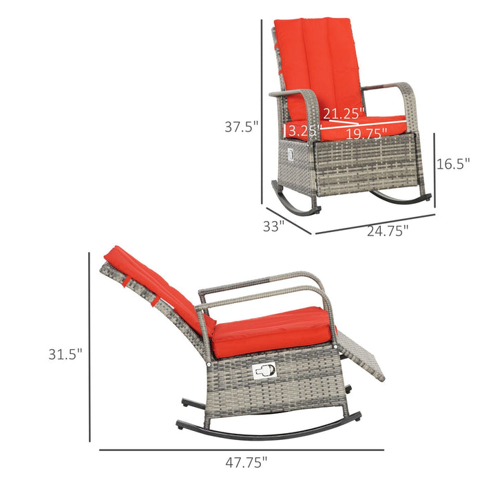 Reclining Rocking Chair, Outdoor PE Wicker Porch Rocker, Cushion, Patio, Red