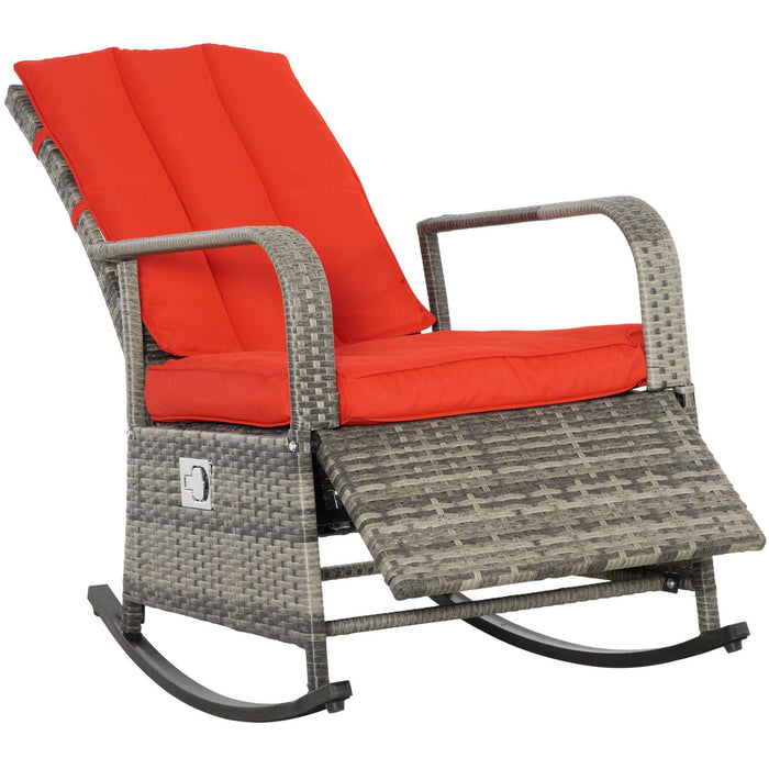 Reclining Rocking Chair, Outdoor PE Wicker Porch Rocker, Cushion, Patio, Red