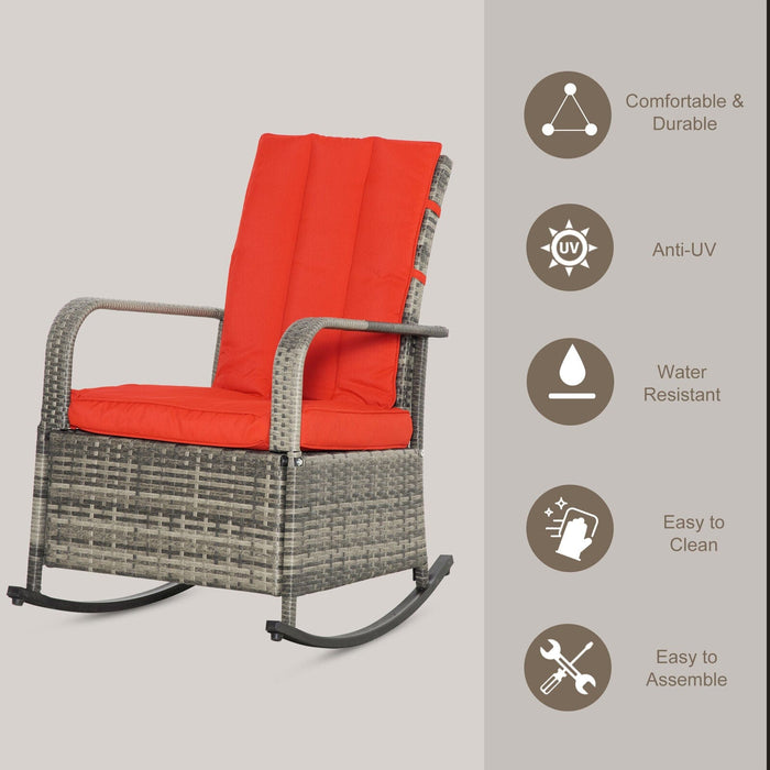 Reclining Rocking Chair, Outdoor PE Wicker Porch Rocker, Cushion, Patio, Red