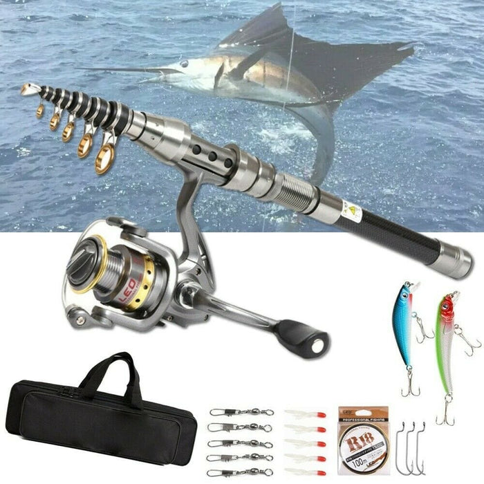 Carbon Fiber Telescopic Fishing Rod Pole Reel Combo Sea Saltwater Freshwater