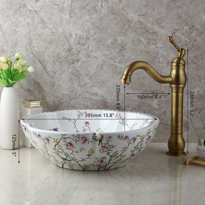 Bathroom Ceramic Flower-Shaped Basin Bowl Vanity Vessel Sink Taps Mixer Faucet