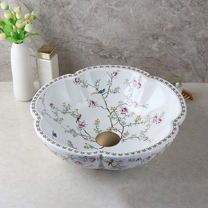 Bathroom Ceramic Flower-Shaped Basin Bowl Vanity Vessel Sink Taps Mixer Faucet